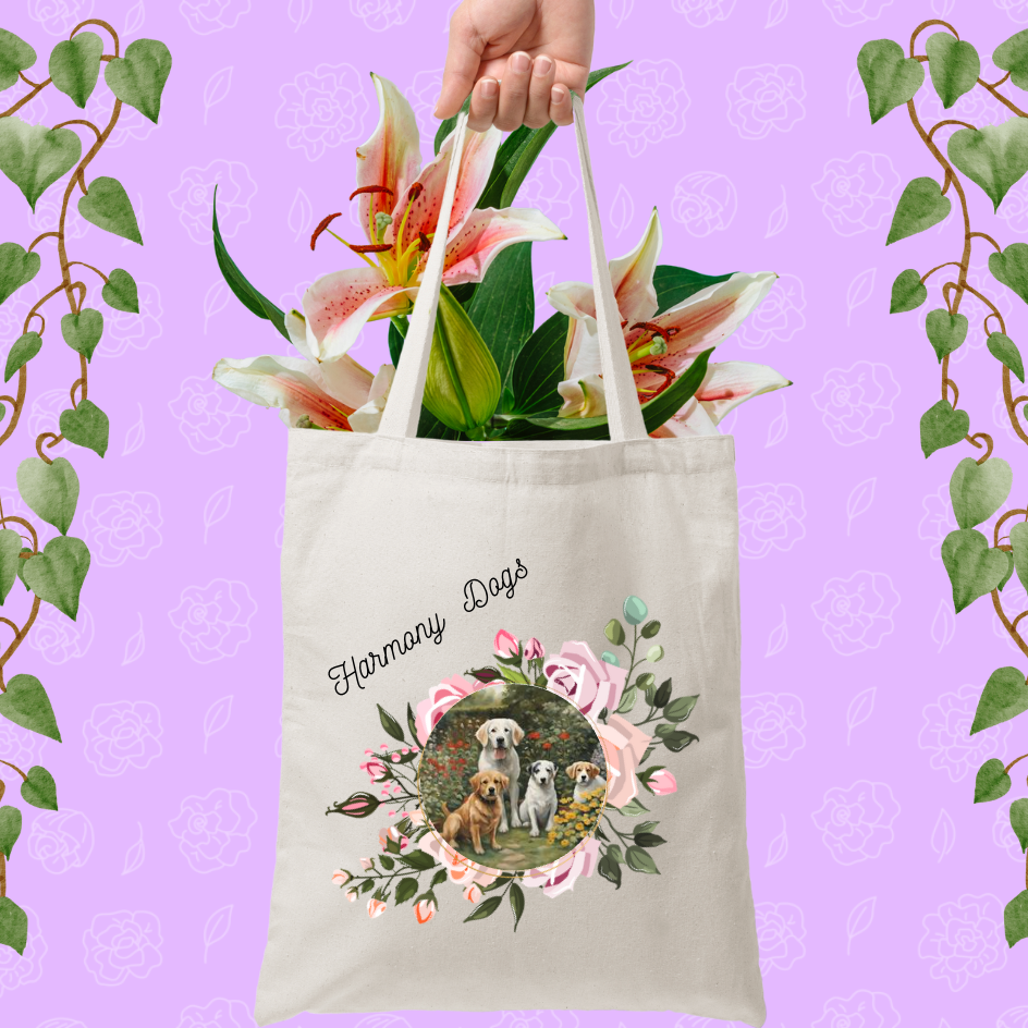 Dog Mom Tote with Fun "Harmony Dogs" Floral Design, Practical & Pretty Reusable Canvas Bag, Dog Lover Mom Gift