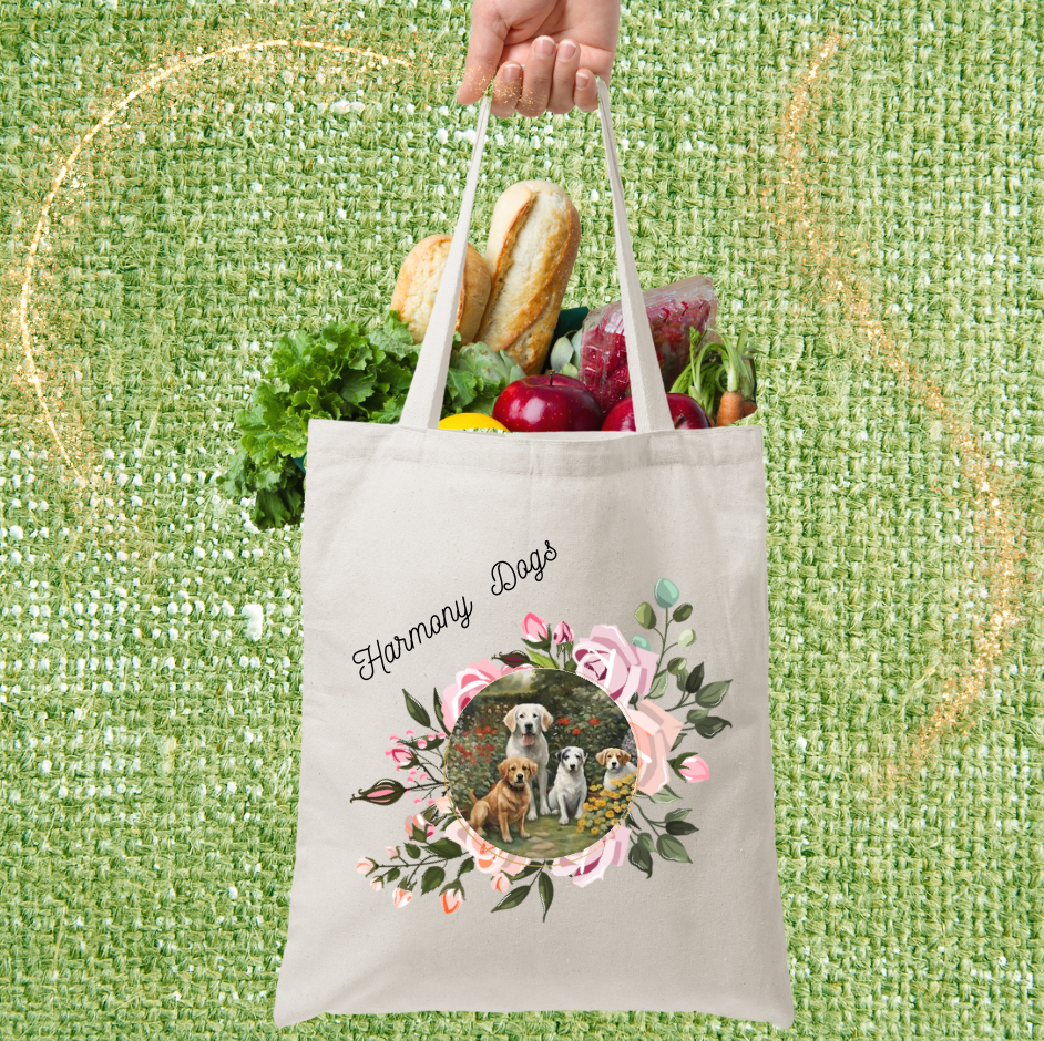 Dog Mom Tote with Fun "Harmony Dogs" Floral Design, Practical & Pretty Reusable Canvas Bag, Dog Lover Mom Gift