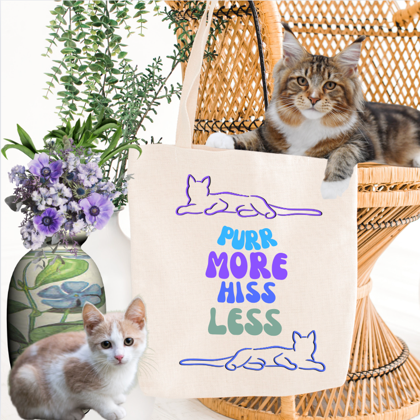 CatLady Tote with Simple "Purr More Hiss Less" Design, Reusable Cotton Canvas, Fun Cat Lover Pet Lover Gift