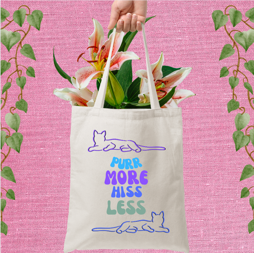 CatLady Tote with Simple "Purr More Hiss Less" Design, Reusable Cotton Canvas, Fun Cat Lover Pet Lover Gift