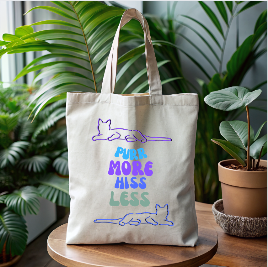 CatLady Tote with Simple "Purr More Hiss Less" Design, Reusable Cotton Canvas, Fun Cat Lover Pet Lover Gift