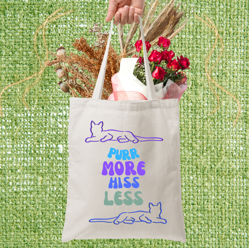 CatLady Tote with Simple "Purr More Hiss Less" Design, Reusable Cotton Canvas, Fun Cat Lover Pet Lover Gift