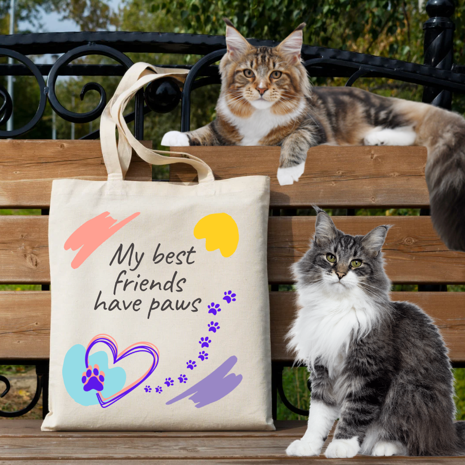 CatLady Tote with Whimsical "My Best Friends Have Paws" Design, Pretty, Practical Canvas Bag, Dog Mom Cat Lover Gift
