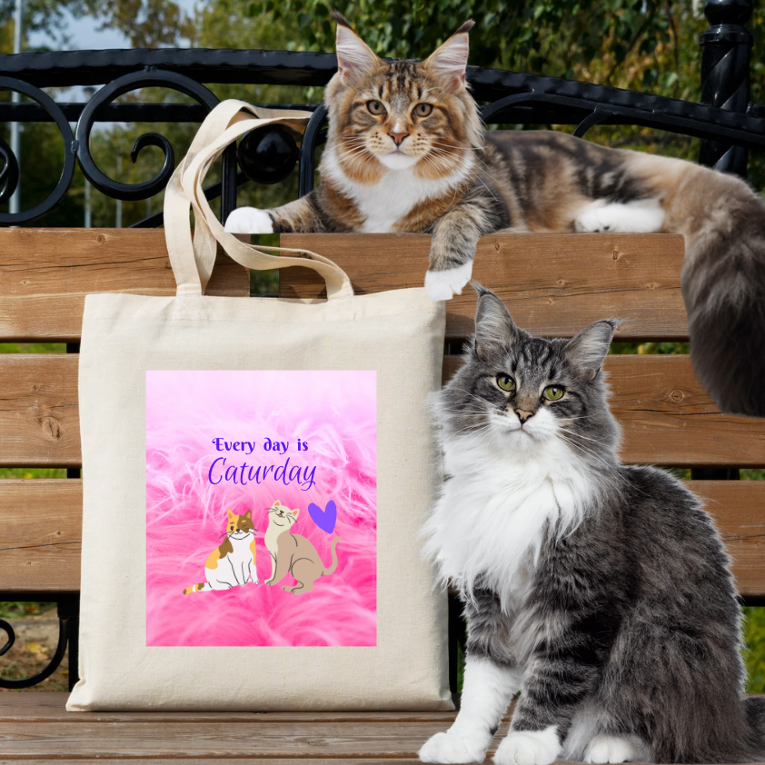 Pink "Every day is Caturday" CatLady Canvas Tote, Pretty & Practical Pet Lover Cat Lady Gift, Birthday Christmas Mom Gift