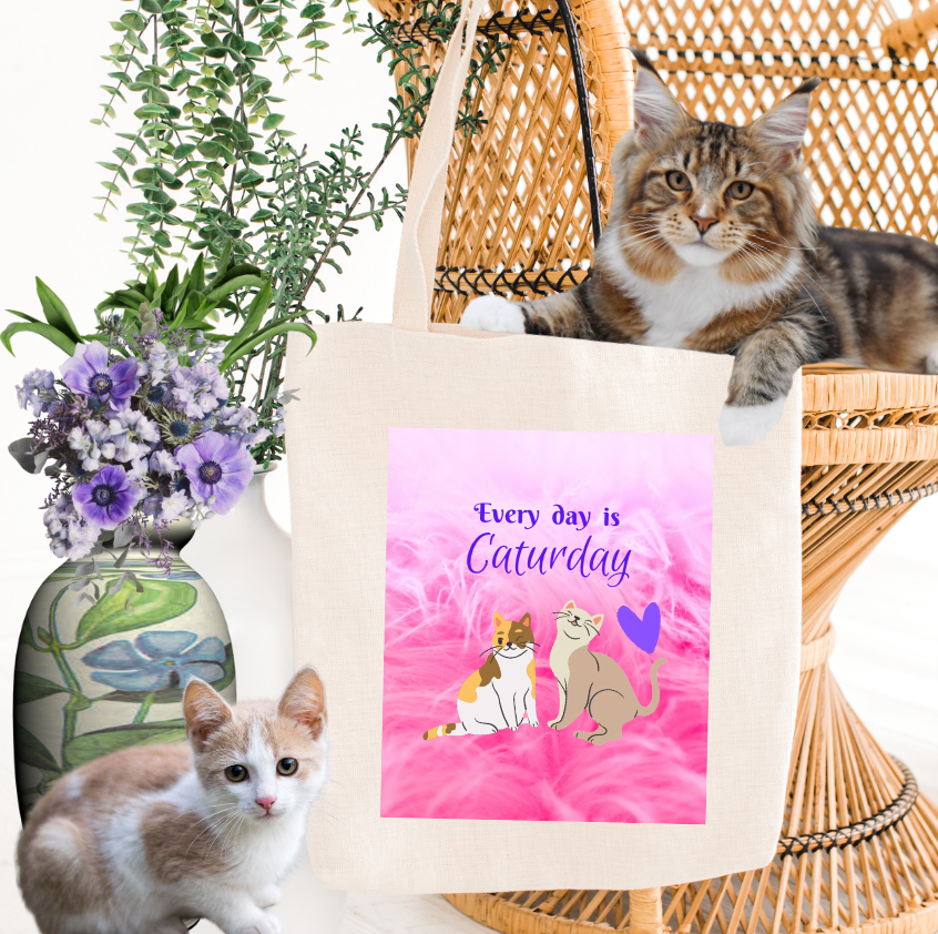 Pink "Every day is Caturday" CatLady Canvas Tote, Pretty & Practical Pet Lover Cat Lady Gift, Birthday Christmas Mom Gift