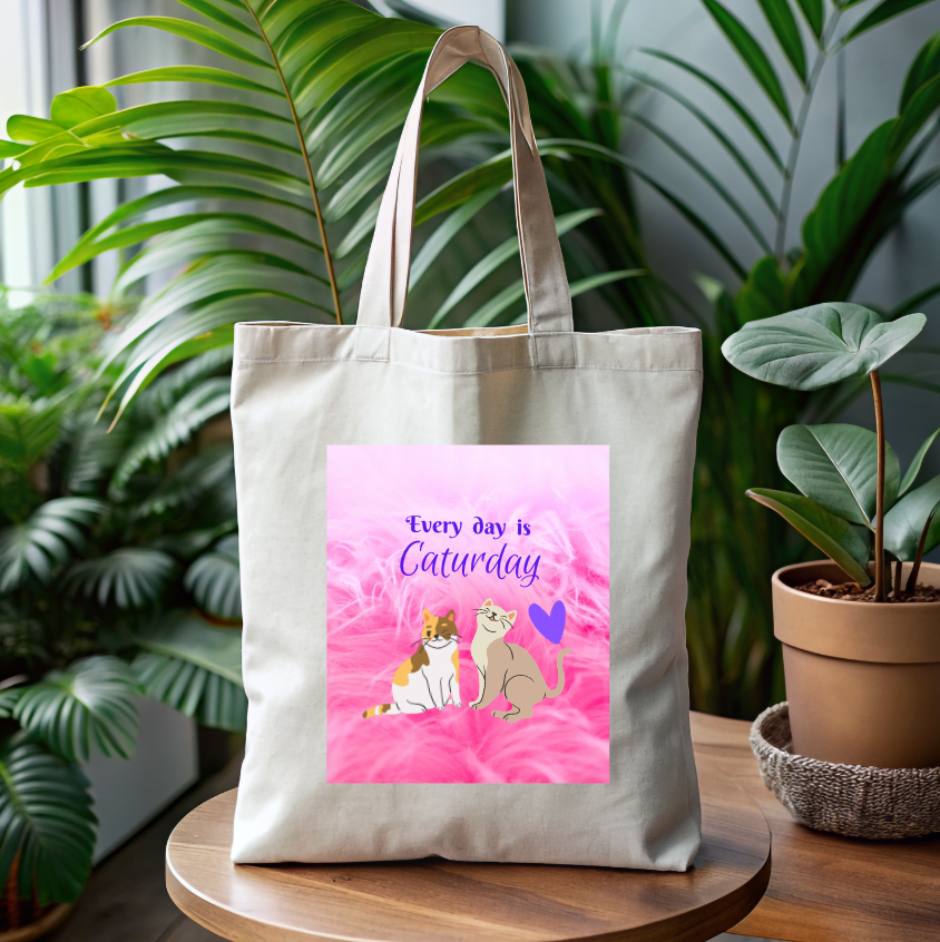 Pink "Every day is Caturday" CatLady Canvas Tote, Pretty & Practical Pet Lover Cat Lady Gift, Birthday Christmas Mom Gift