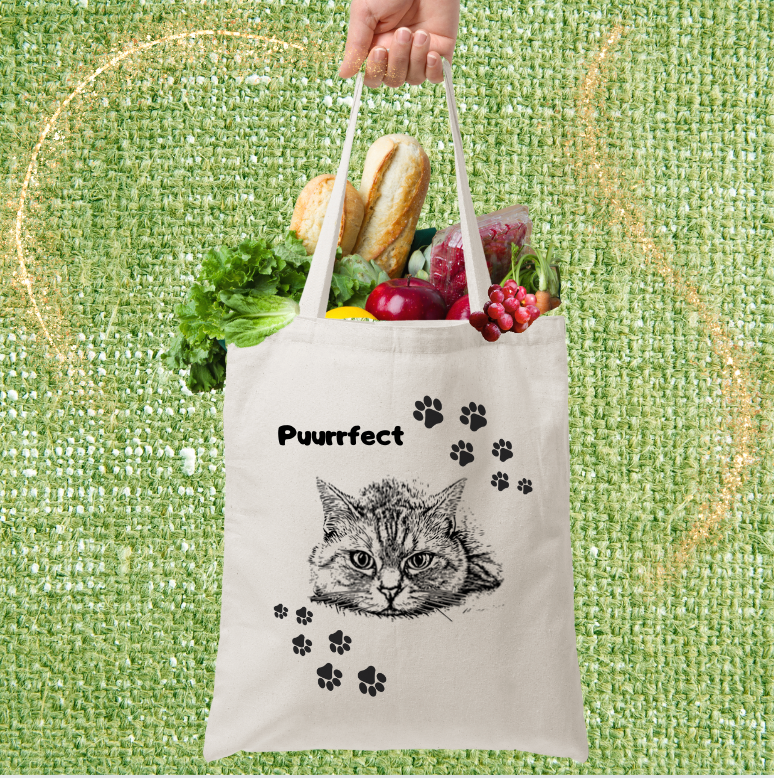 CatLady "Puurrfect" Tote Bag, Cute Cat Graphic and Pawprints Sublimation Design, Pet Lover Cat Mom Gift