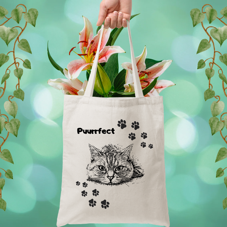 CatLady "Puurrfect" Tote Bag, Cute Cat Graphic and Pawprints Sublimation Design, Pet Lover Cat Mom Gift