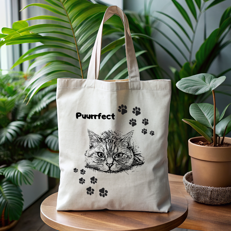 CatLady "Puurrfect" Tote Bag, Cute Cat Graphic and Pawprints Sublimation Design, Pet Lover Cat Mom Gift