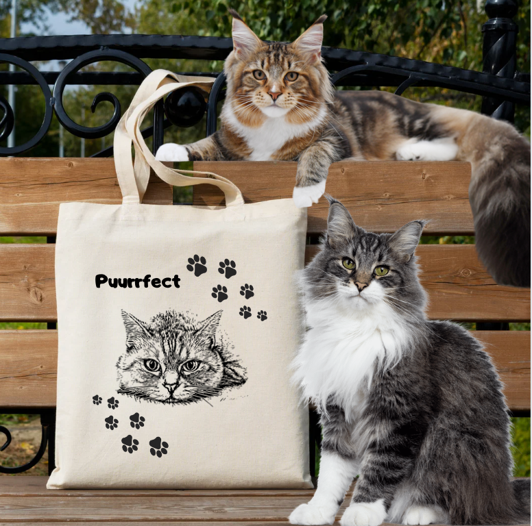 CatLady "Puurrfect" Tote Bag, Cute Cat Graphic and Pawprints Sublimation Design, Pet Lover Cat Mom Gift