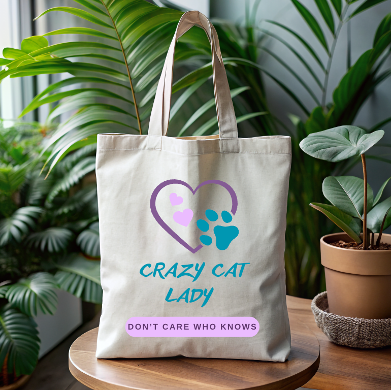 CatLady Tote with Fun "Crazy Cat Lady-Don't Care Who Knows" Slogan, Hearts and Pawprint Design, Cat Lover Mom Gift