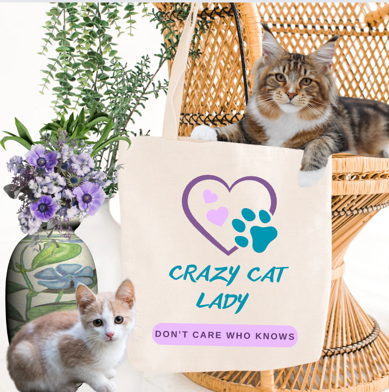 CatLady Tote with Fun "Crazy Cat Lady-Don't Care Who Knows" Slogan, Hearts and Pawprint Design, Cat Lover Mom Gift
