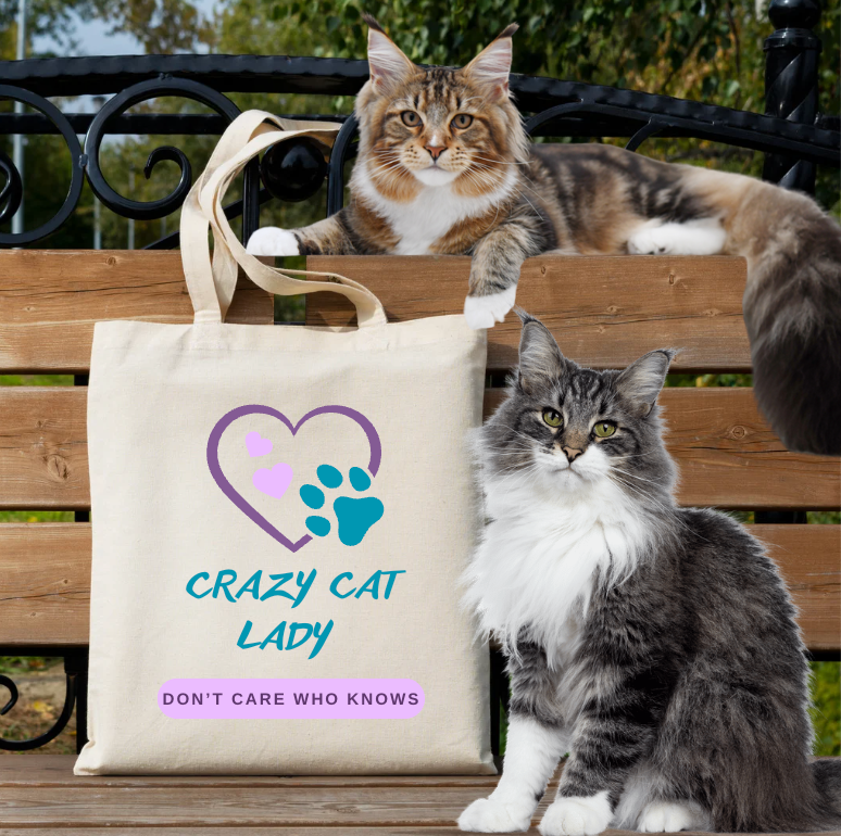 CatLady Tote with Fun "Crazy Cat Lady-Don't Care Who Knows" Slogan, Hearts and Pawprint Design, Cat Lover Mom Gift