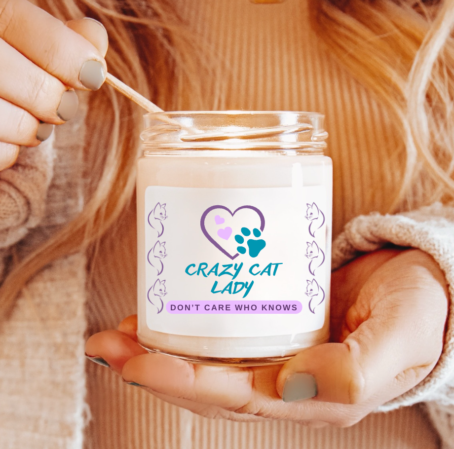 Scented Soy Candle, Fun "Crazy Cat Lady" Sublimation Design, Cat Lover Pet Lover Mom Gift, Kitchen Home Office Decor, Four Fragrances, 9oz