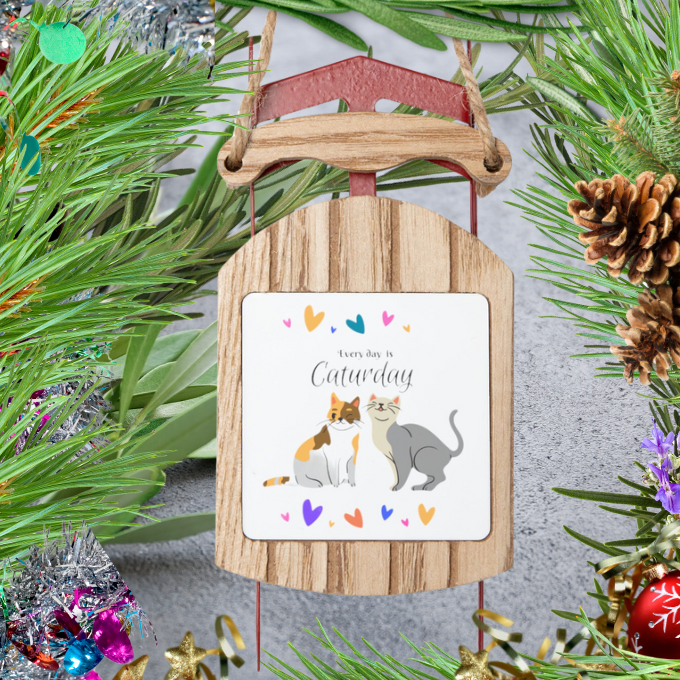 Adorable "Every Day is Caturday" Cat Lover Sled Ornament, Christmas and Year-Round Cat Lady Mom Gift, Single or Set of 5, 10
