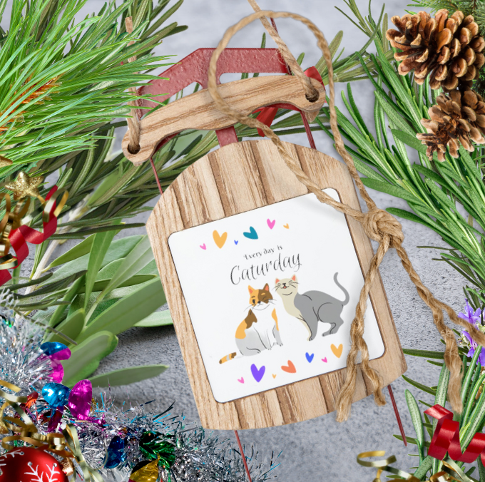 Adorable "Every Day is Caturday" Cat Lover Sled Ornament, Christmas and Year-Round Cat Lady Mom Gift, Single or Set of 5, 10