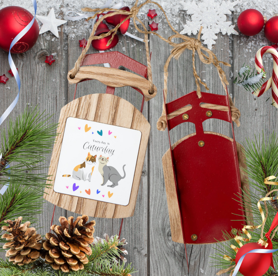 Adorable "Every Day is Caturday" Cat Lover Sled Ornament, Christmas and Year-Round Cat Lady Mom Gift, Single or Set of 5, 10