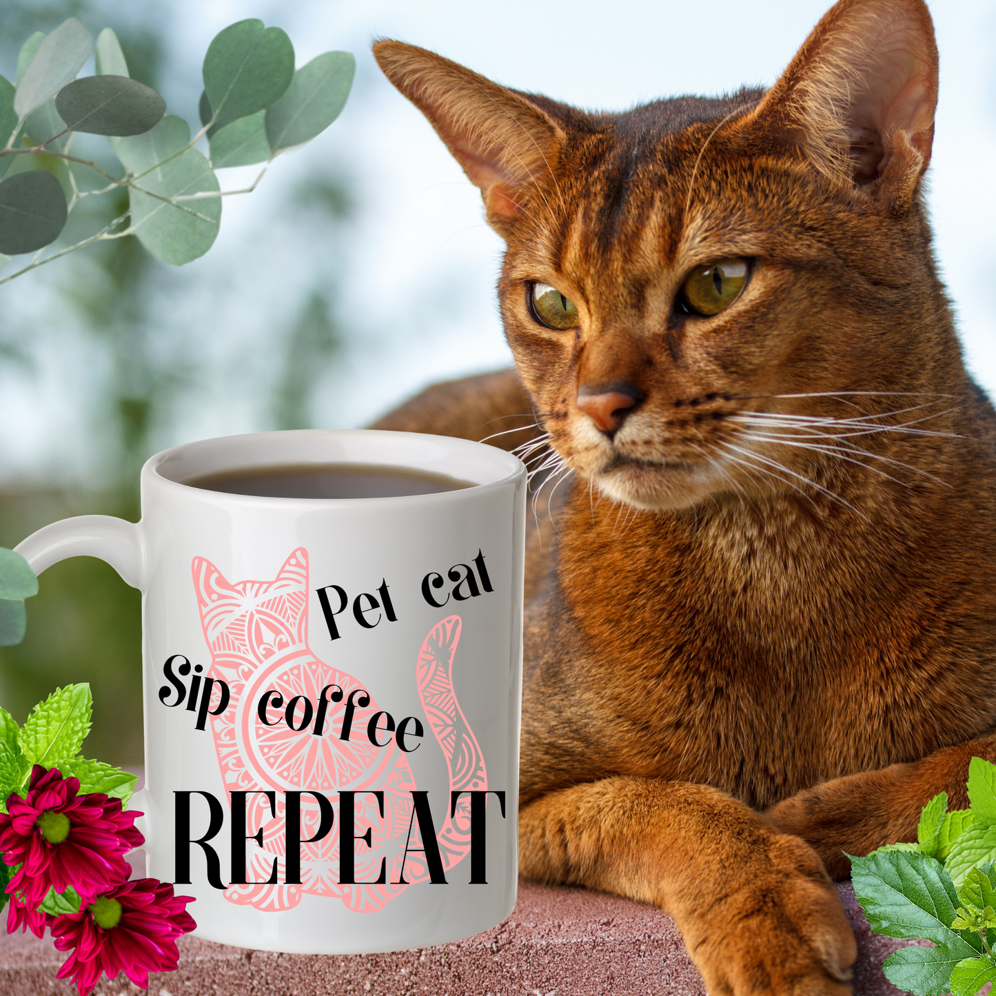 Truthful "Pet Cat Sip Coffee REPEAT" CatLady Mug With Soft Pink Cat Graphic, Great Gift For Cat Lover Mom, White Ceramic, 15oz