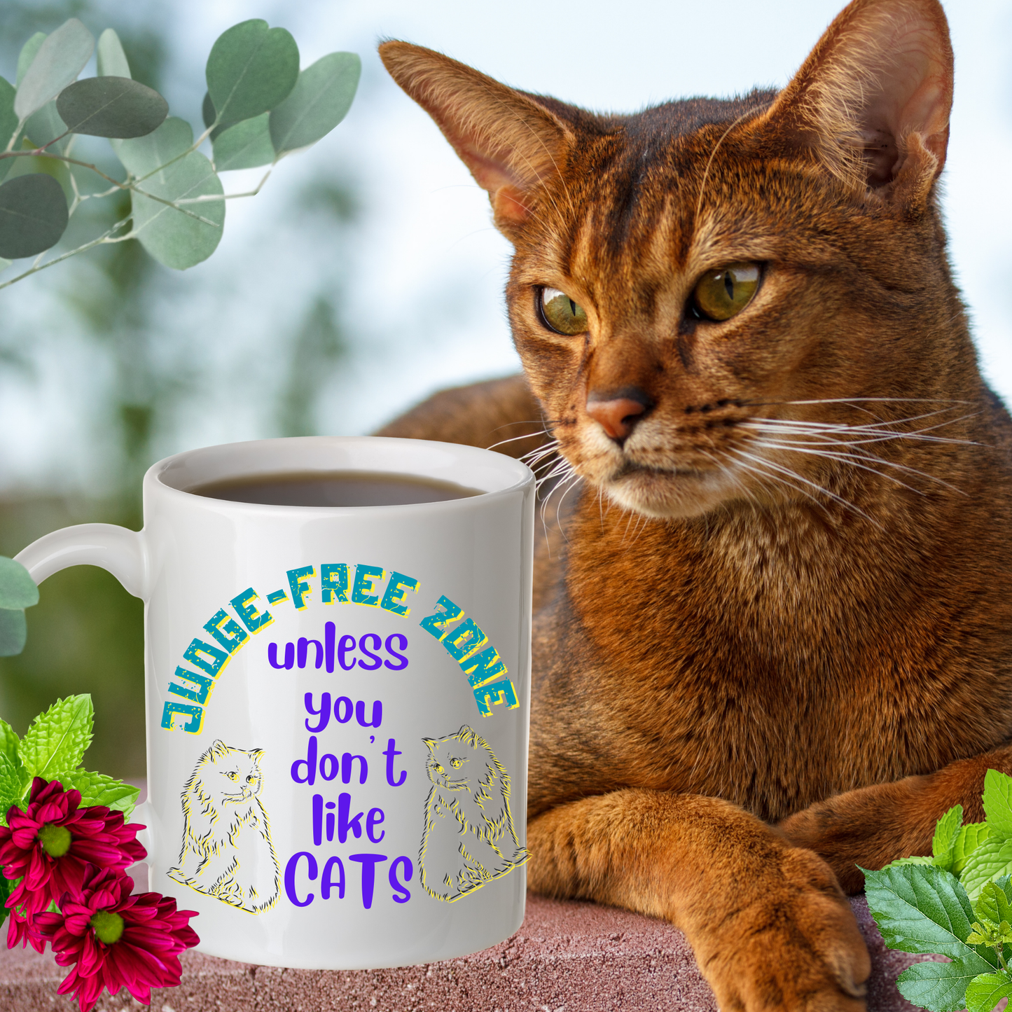 Cat Lover "Judge-Free Zone" Mug For Moms Who TRY Not To Judge Folks Who Aren't Feline Fanatics, Holiday Birthday CatLady Gift, White Ceramic, 15oz