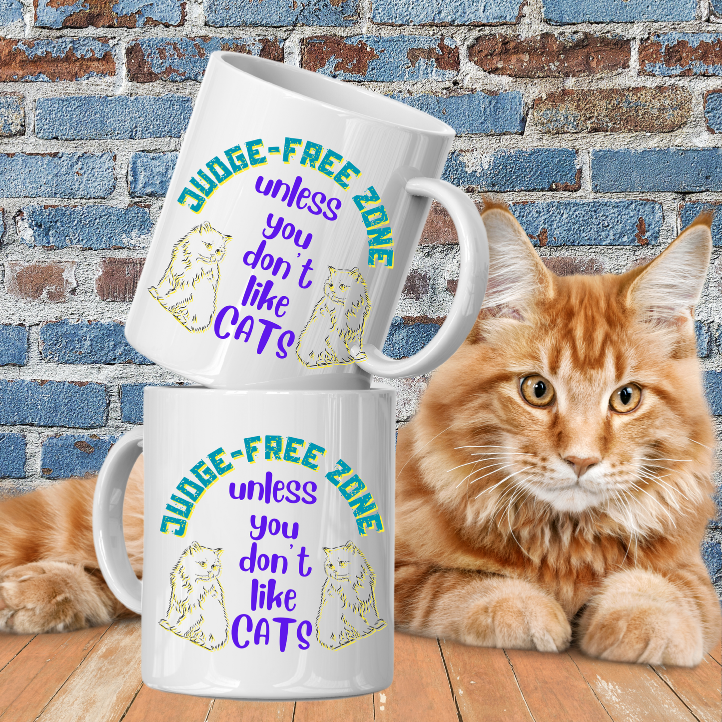 Cat Lover "Judge-Free Zone" Mug For Moms Who TRY Not To Judge Folks Who Aren't Feline Fanatics, Holiday Birthday CatLady Gift, White Ceramic, 15oz