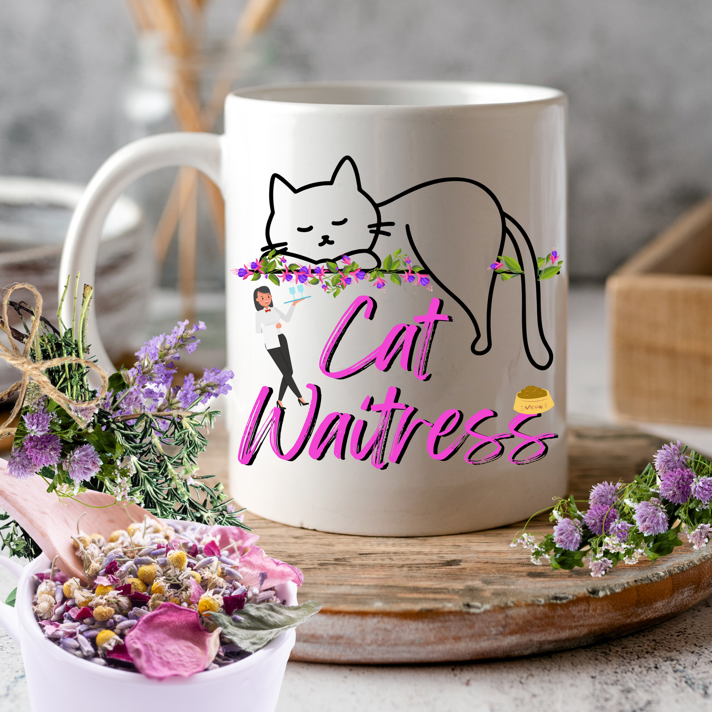 Feminine And Fun "Cat Waitress" CatMom Mug With Floral Design And Hot Pink Text, Great Christmas Or Birthday Cat Lover Gift, White Ceramic, 15oz