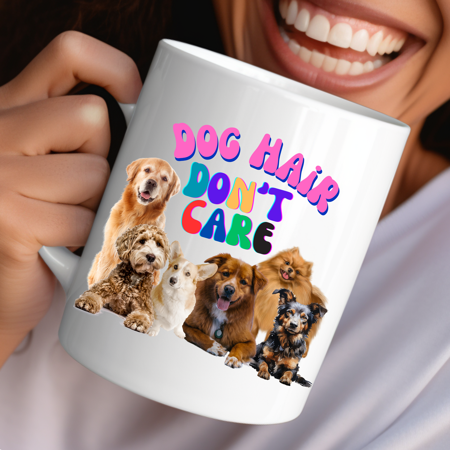 Cheerful "Dog Hair Don't Care" Dog Mom Mug With Puffy Retro Type And Cute Pack Of Pups, Dog Lover Stocking Stuffer Gift, White Ceramic, 15oz