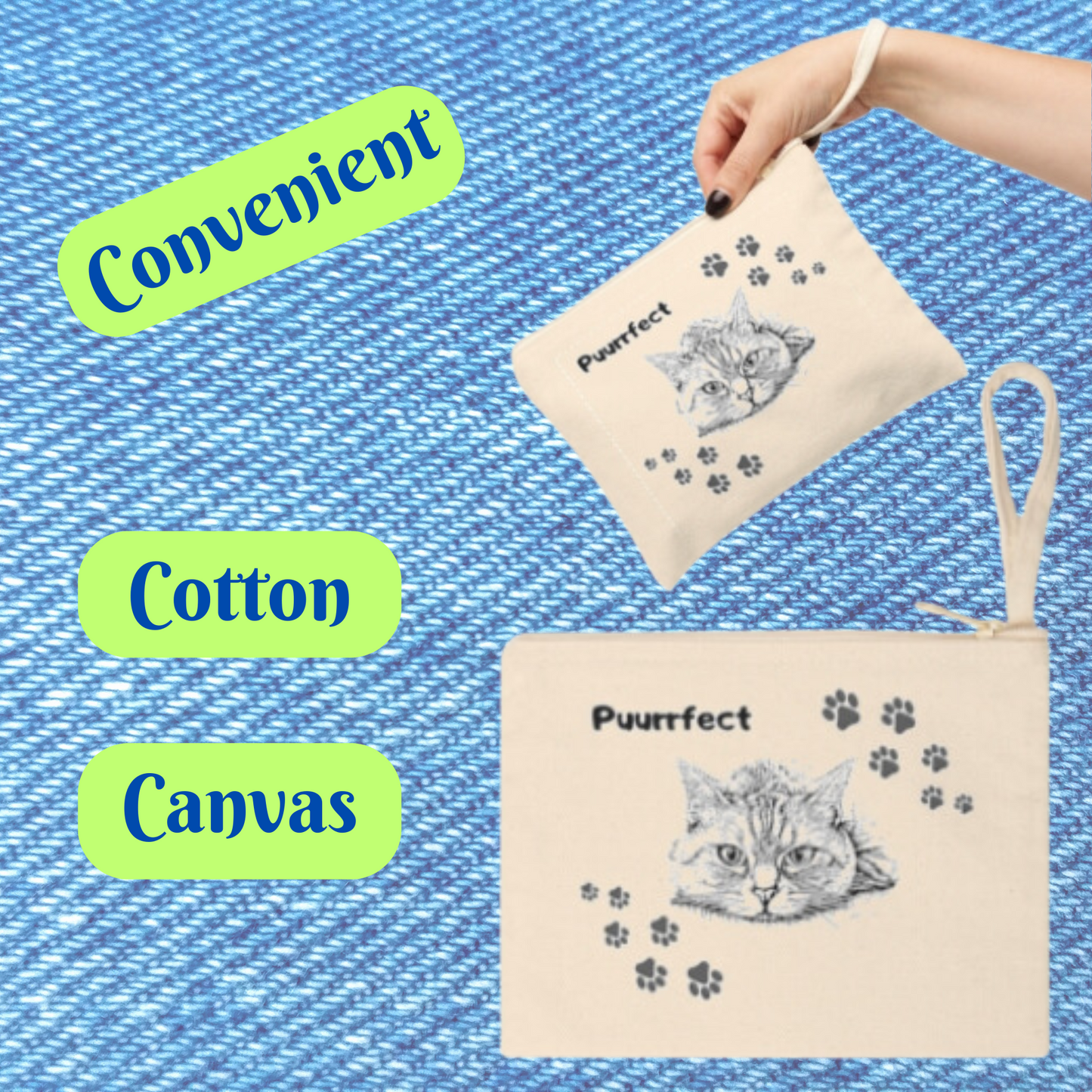 Canvas Wrist Purse for On-the-Go Cat Ladies - "Puurrfect" slogan/design