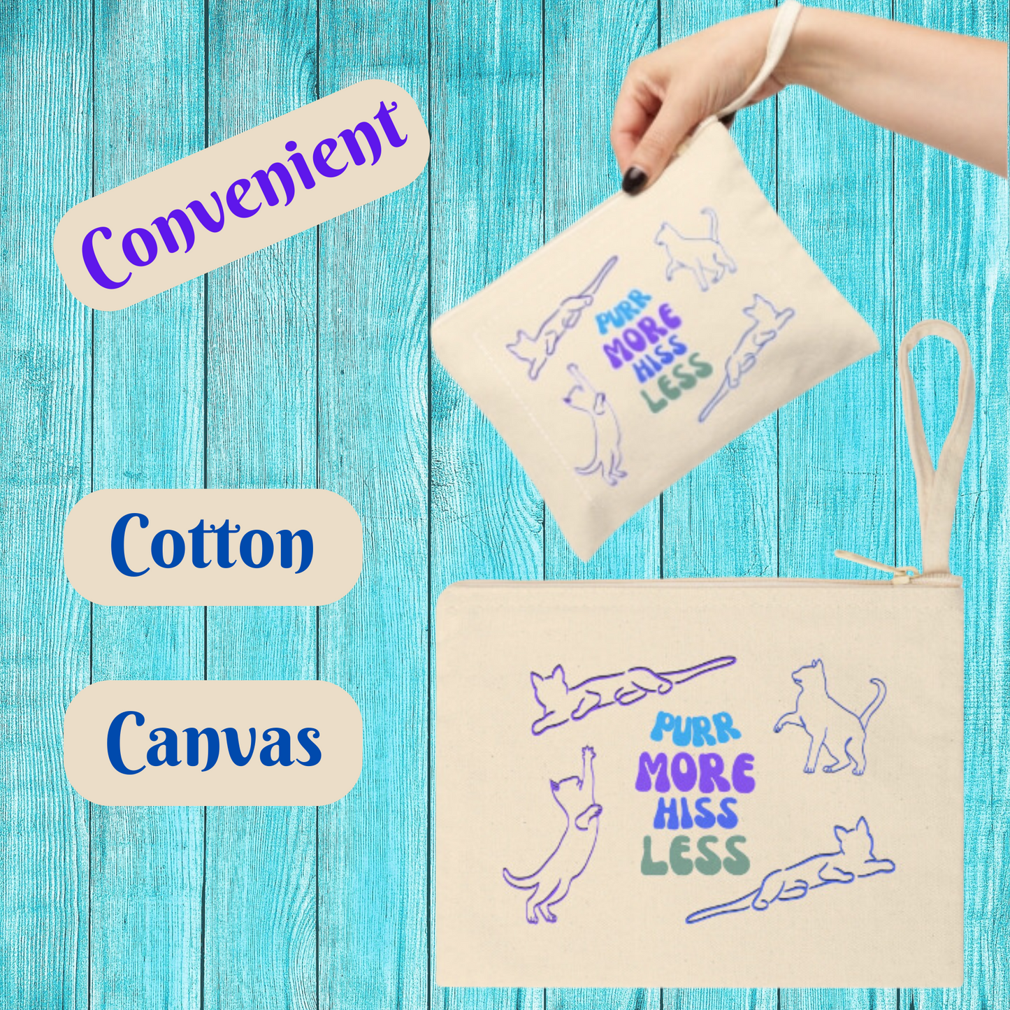 CatLady Tote with Simple "Purr More Hiss Less" Design, Reusable Cotton Canvas, Fun Cat Lover Pet Lover Gift