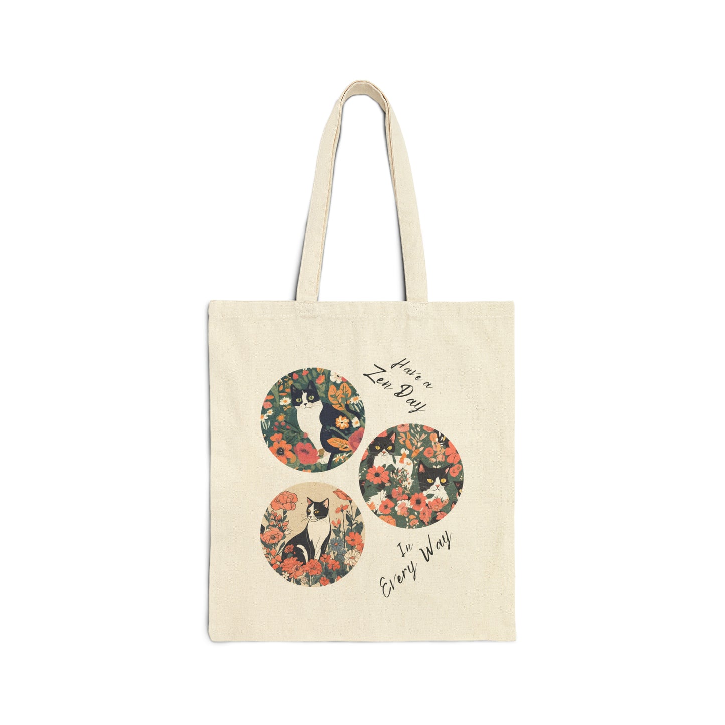 CatLady Tote with Peaceful "Have a Zen Day" Design, Reusable Canvas Bag, Cat Lady Acat Lover Mom Gift