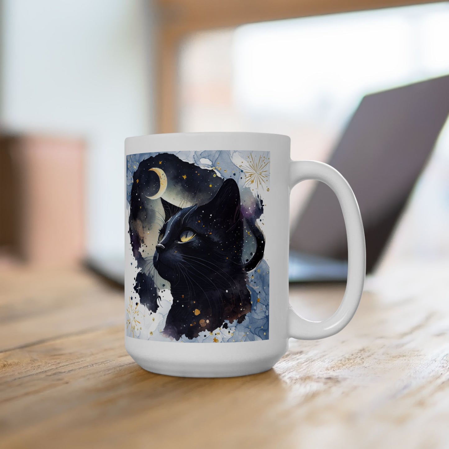 Cool Cat Mom Coffee Mug With Mystic Black Cat Graphic And A Touch Of Fairy Dust, Great Cat Lady Gift, White Ceramic, 15oz