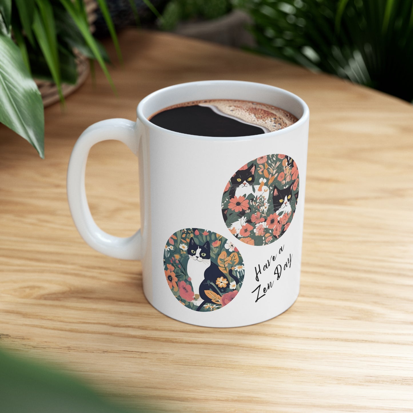 Cat Lady Coffee Mug - "Have a Zen Day" Floral Motif - Ceramic - 11oz