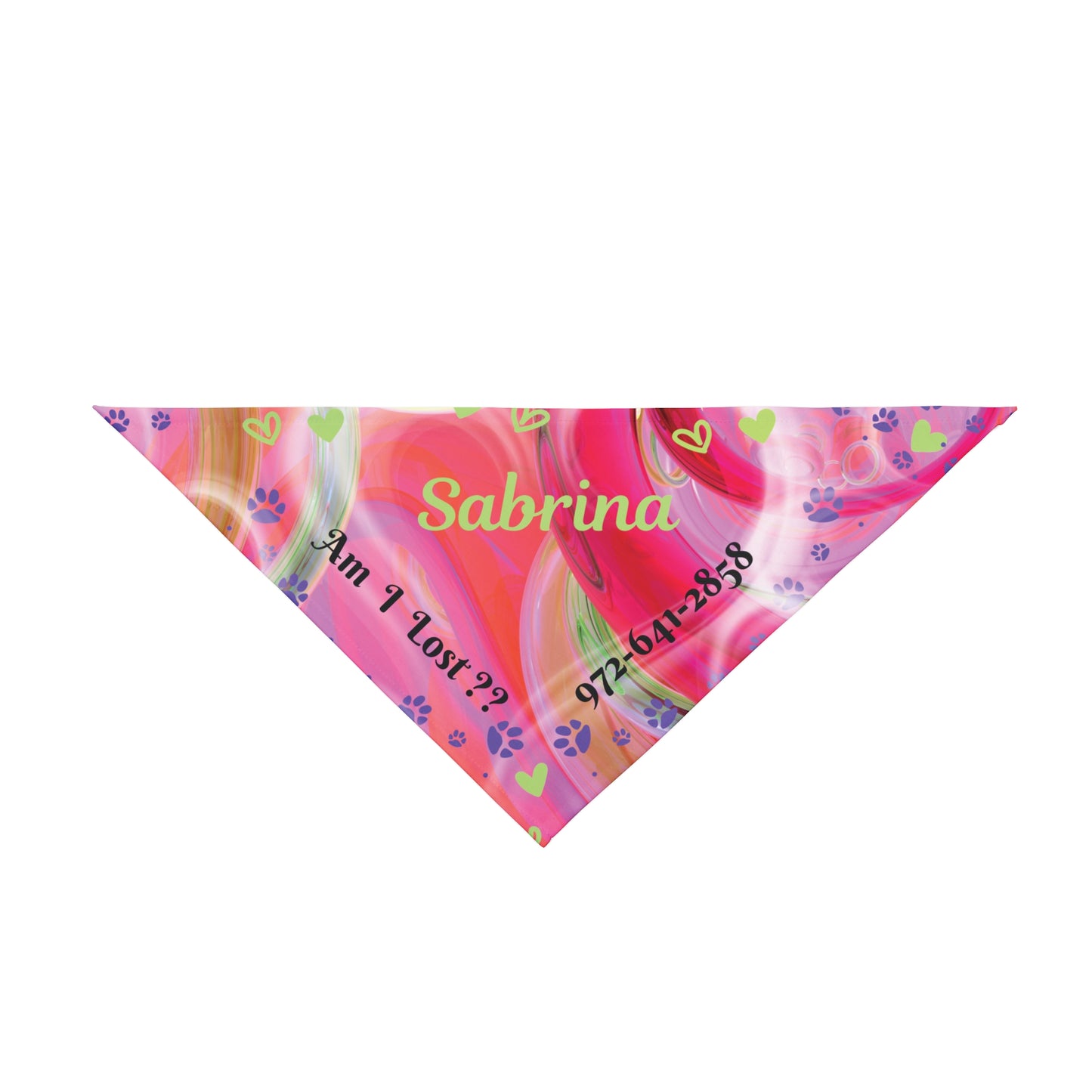 Customizable Pink-n-Red Abstract Pet Bandana with "Am I Lost?" Text, Easily Customize with Dog Name and Phone Number for a Bright, Personalized Safety Net, Unique Pet Lover Dog Mom Gift