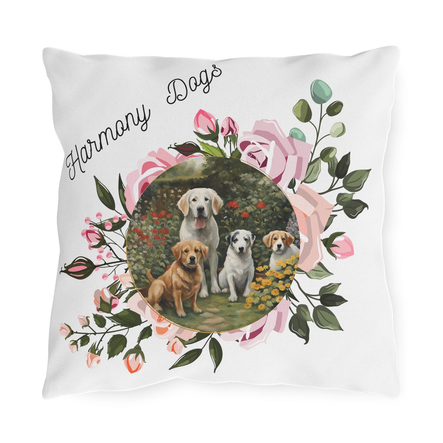 Pet-Lover Patio Pillow, "Harmony Dogs/Just hangin' Out" Design, UV- & Mildew-Resistant