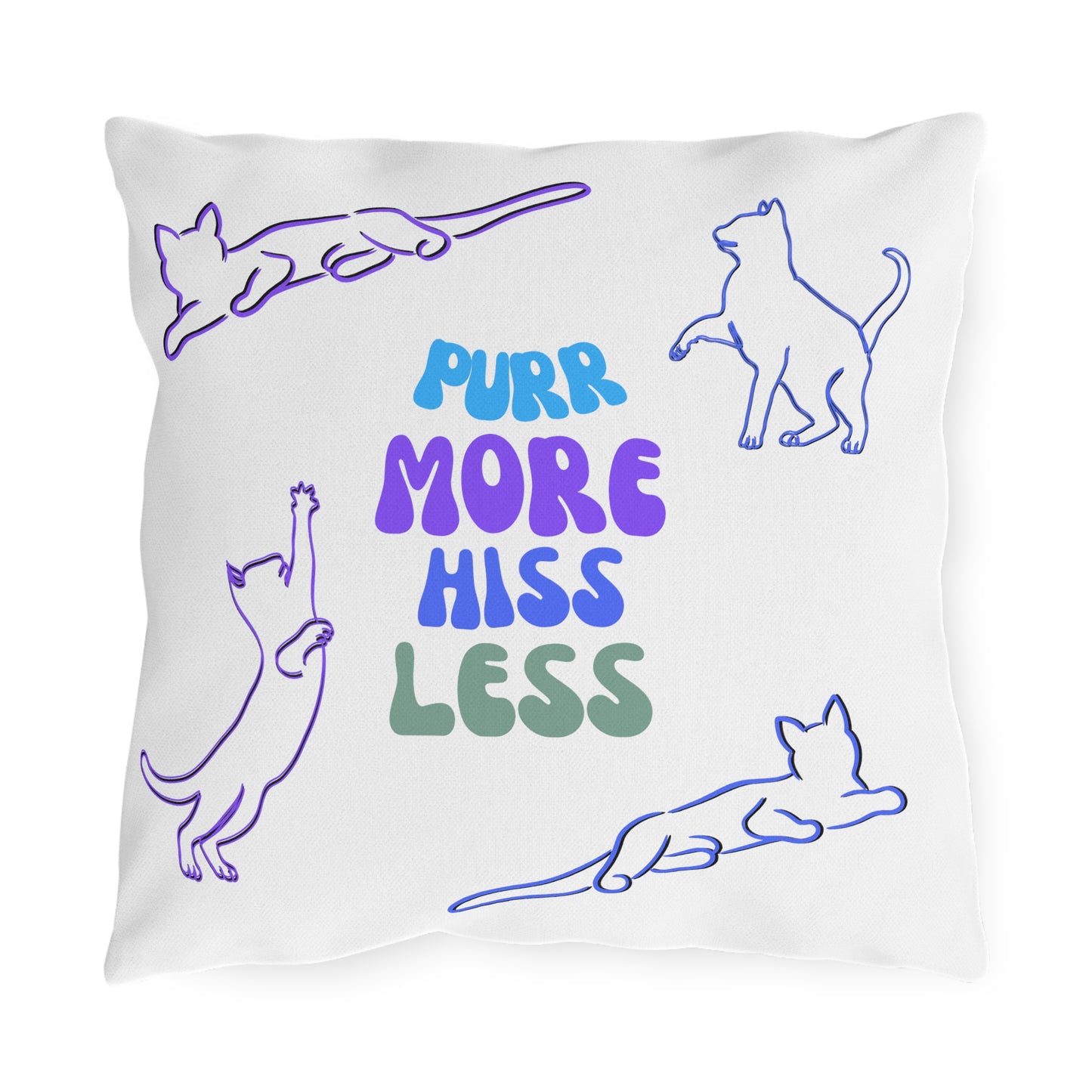 Pet-Lover Patio Pillow, "PuurrMoreHissLess" Design, Four Cats Version, UV- & Mildew-Resistant