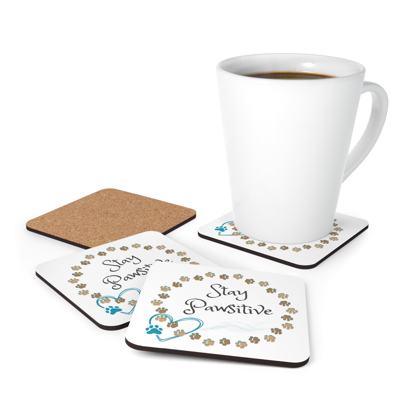 Coaster Set – "Stay Pawsitive" Sublimation Design, Cute Cat Lover Paw Prints, Gift For Mom