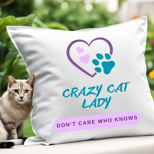 Pet-Lover Patio Pillow, "Crazy Cat Lady/Don't Care Who Knows"" Design, UV- and Mildew-Resistant