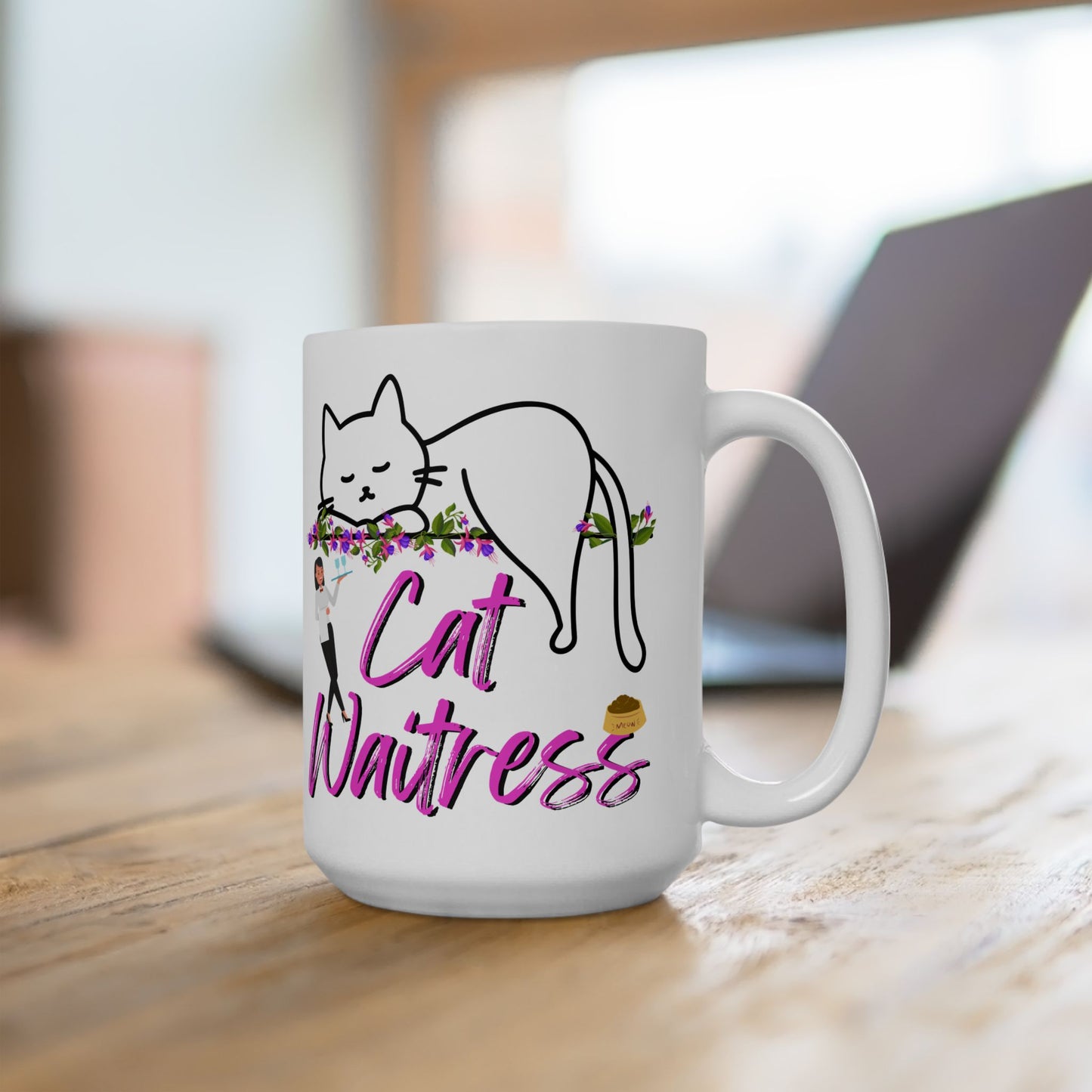 Feminine And Fun "Cat Waitress" CatMom Mug With Floral Design And Hot Pink Text, Great Christmas Or Birthday Cat Lover Gift, White Ceramic, 15oz
