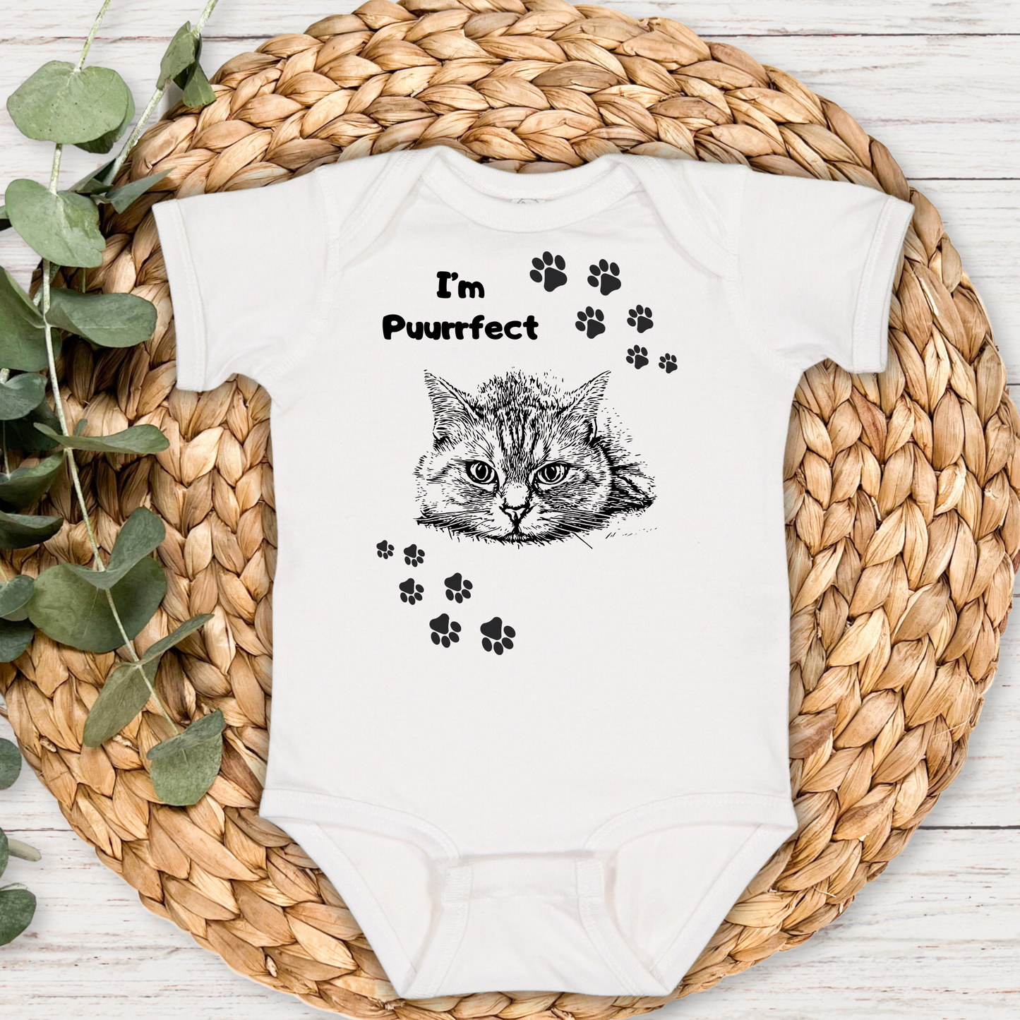 "Cat-Lady Grandma" Baby Bodysuit, "I'm Puurrfect" Design, Cat Lover Mom Grandma Gift, 4 Colors