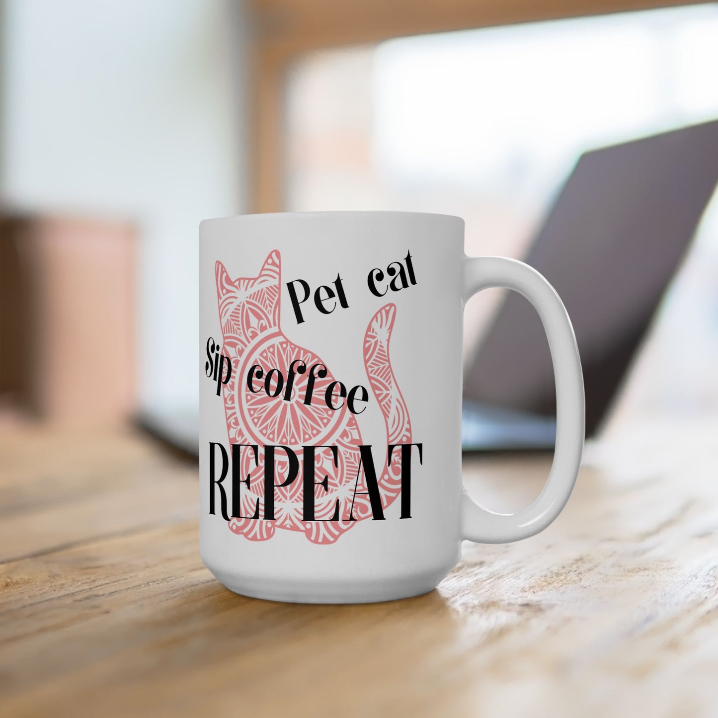 Truthful "Pet Cat Sip Coffee REPEAT" CatLady Mug With Soft Pink Cat Graphic, Great Gift For Cat Lover Mom, White Ceramic, 15oz