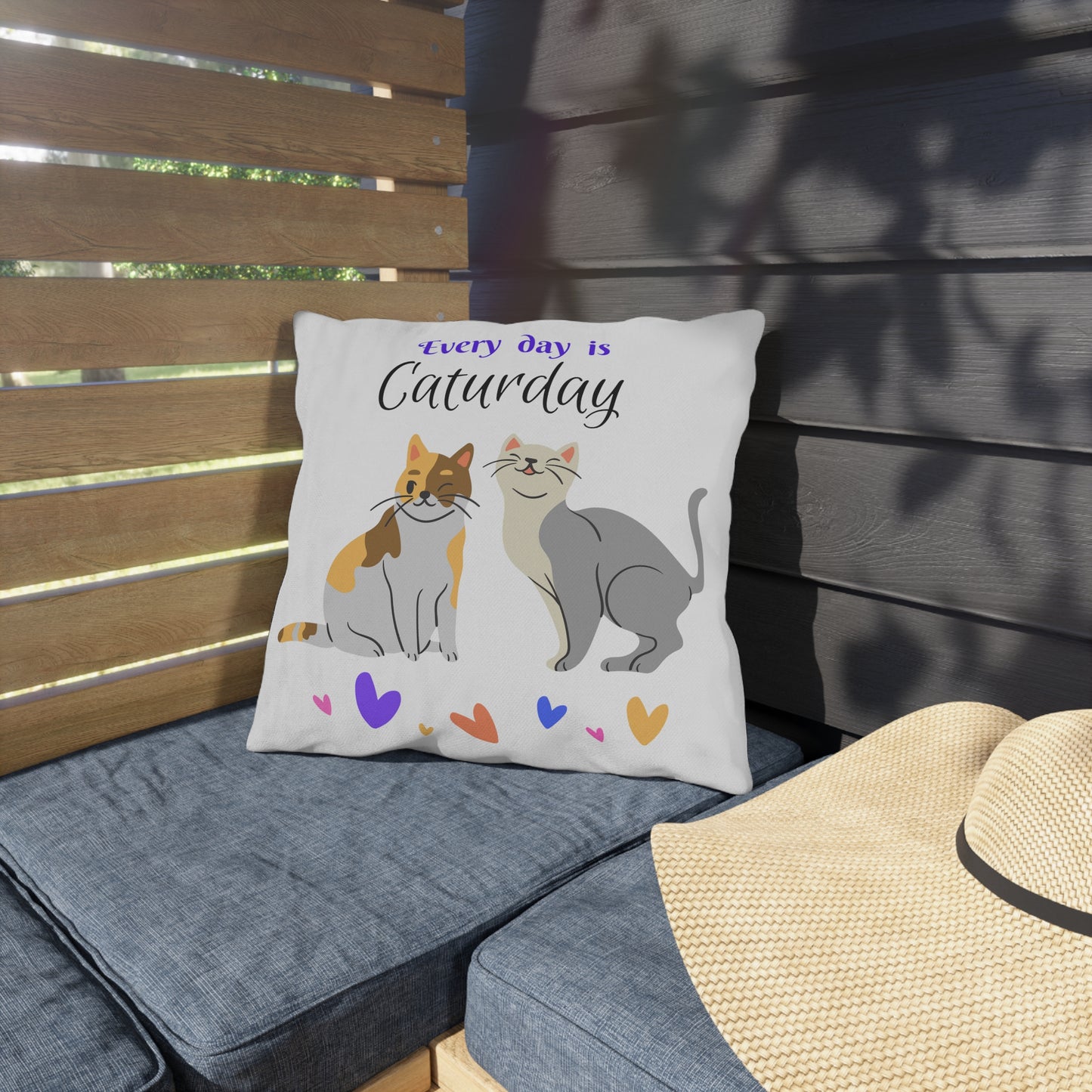 Pet-Lover Patio Pillow, "Every day is Caturday" Design, UV- & Mildew-Resistant
