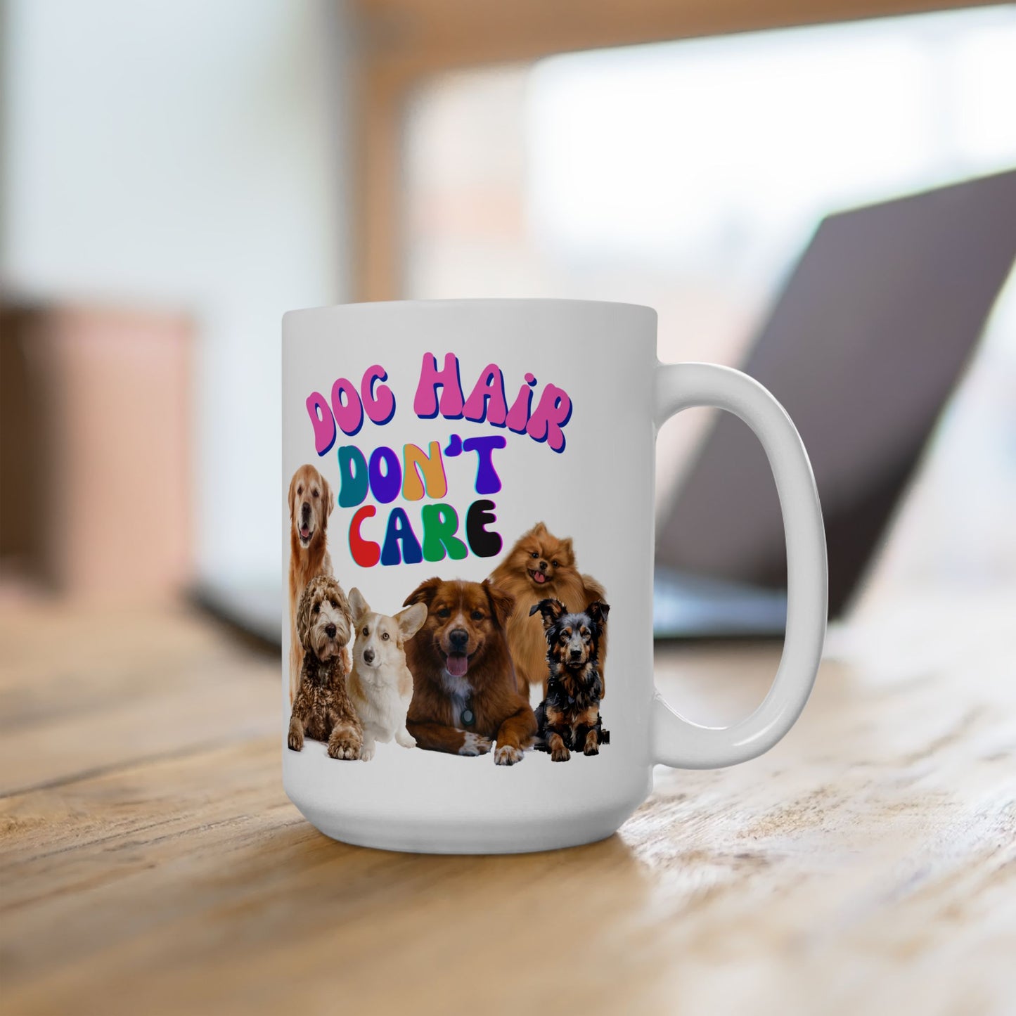Cheerful "Dog Hair Don't Care" Dog Mom Mug With Puffy Retro Type And Cute Pack Of Pups, Dog Lover Stocking Stuffer Gift, White Ceramic, 15oz