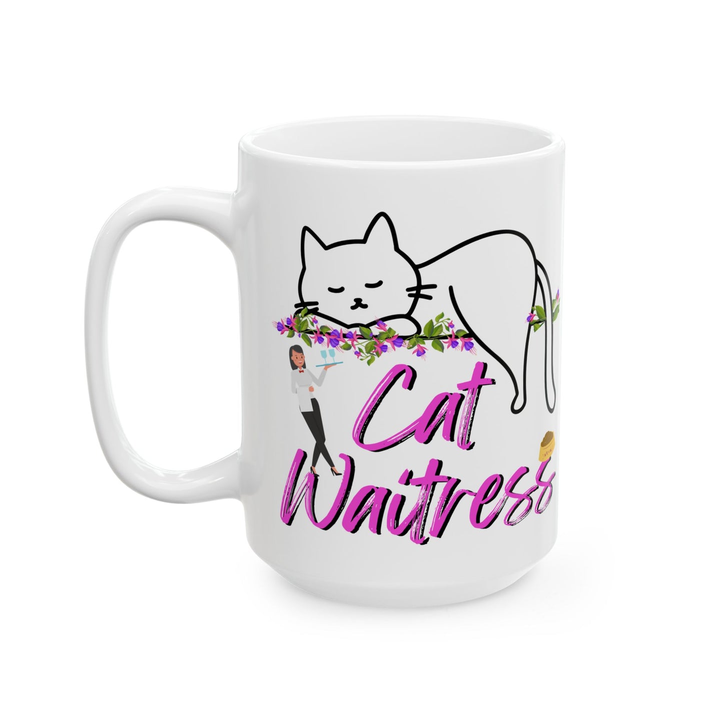 Feminine And Fun "Cat Waitress" CatMom Mug With Floral Design And Hot Pink Text, Great Christmas Or Birthday Cat Lover Gift, White Ceramic, 15oz