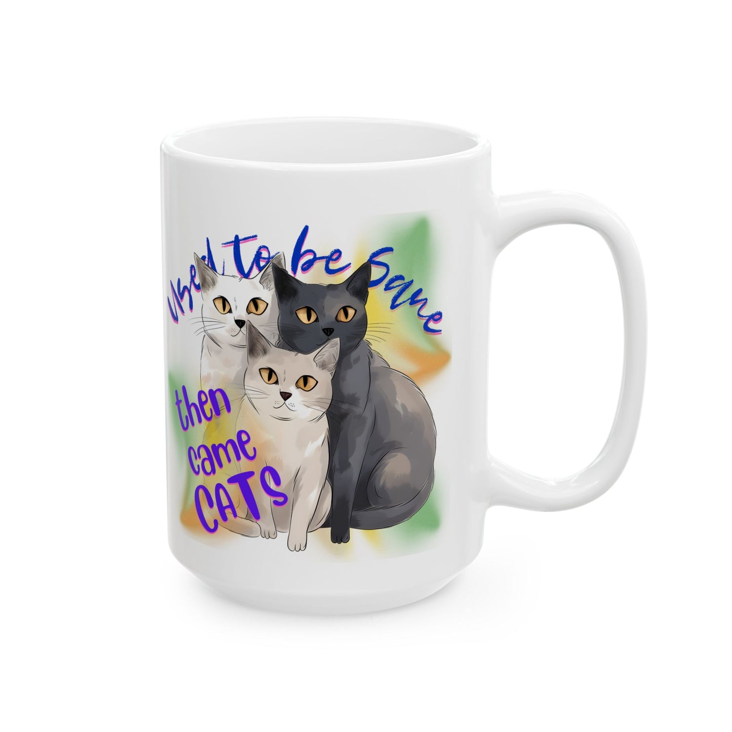 Cat Mom Mug with Fun "Used To Be Sane, Then Cats Came" Slogan, Cat Lover Cat Lady Gift, White Ceramic, 15oz