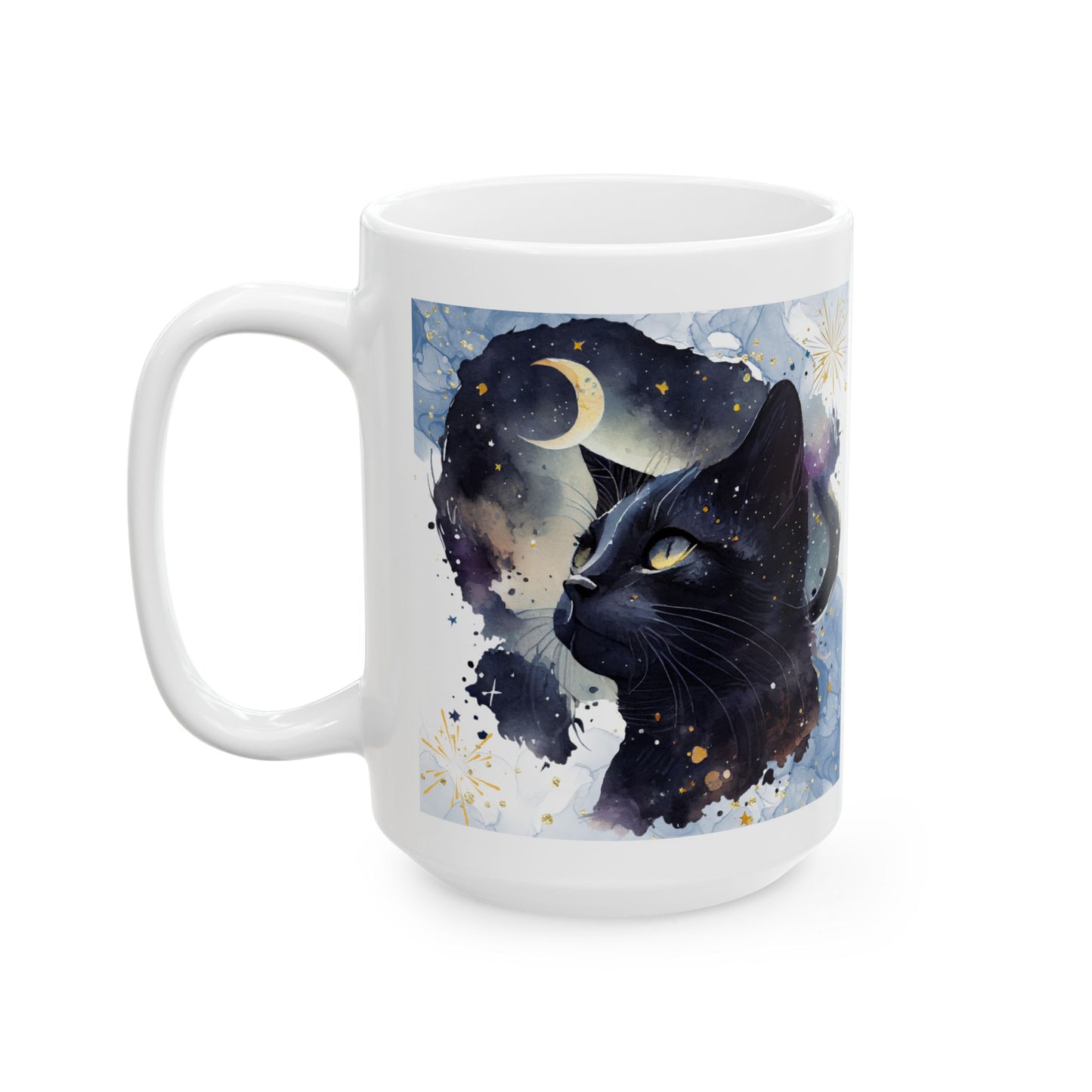 Cool Cat Mom Coffee Mug With Mystic Black Cat Graphic And A Touch Of Fairy Dust, Great Cat Lady Gift, White Ceramic, 15oz