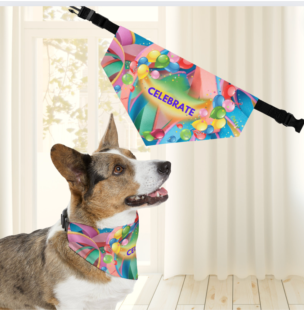 Festive "Celebrate" Bandana COLLAR with Colorful Balloons Design, Dog Cat Partywear, CatLady Dog Mom Birthday Gift