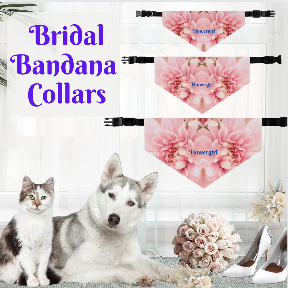 Pink Floral Bridal Pet Bandana COLLAR with Classic"Flowergirl" Sublimation Design, Engagement Party Wedding Apparel, Mother of the Bride Gift
