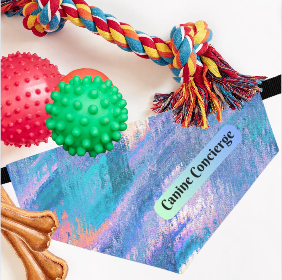 Colorful Blue-Hued Bandana COLLAR with Fun "Canine Concierge" Slogan, Great Animal Lover Dog Mom Gift, Easy On-Off Buckle, 4 Sizes