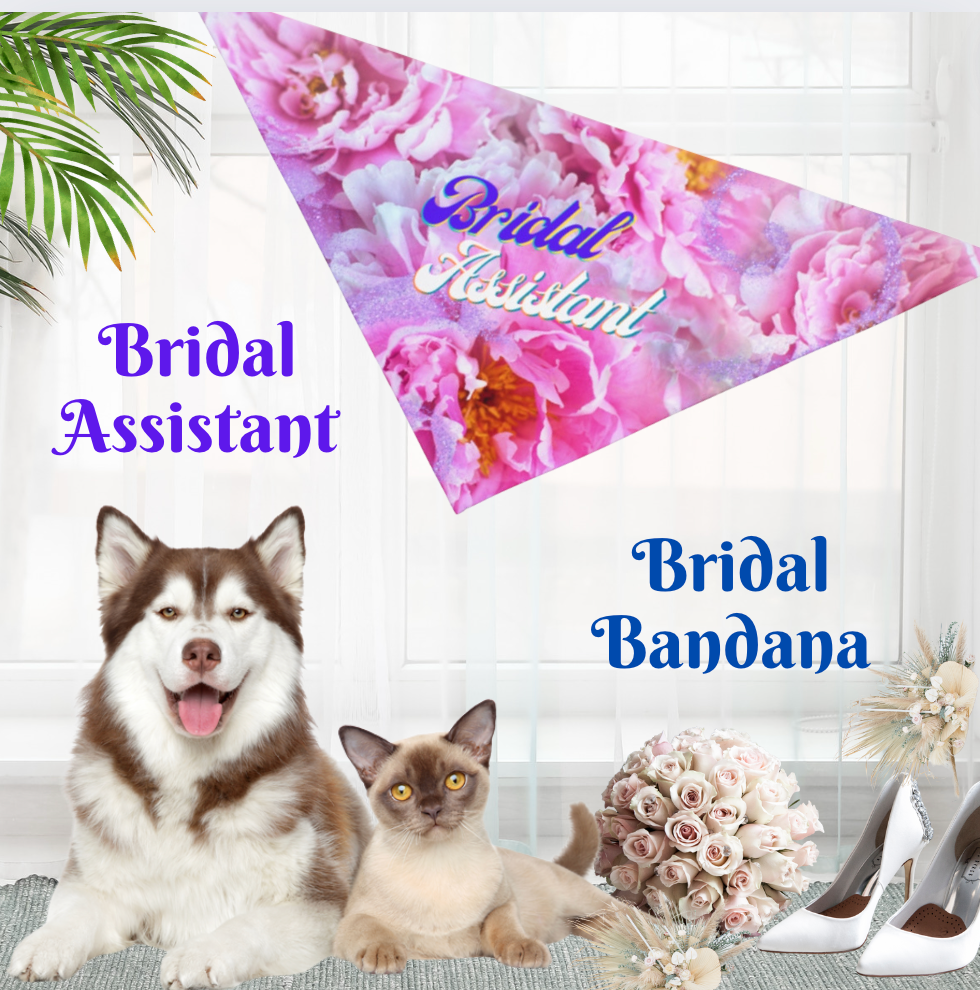 Colorful Floral "Bridal Assistant" Decorative Pet Bandana, Cat Dog Partywear, Engagement Wedding CatLady Dog Mom Gift For Bride