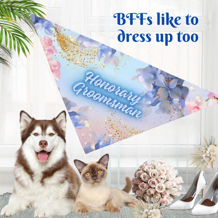 Blue Floral "Honorary Groomsman" Pet Bandana, Bridal Shower Engagement Partywear, Pet Lover Bride Groom Gift, CatLady Dog Mom Gift