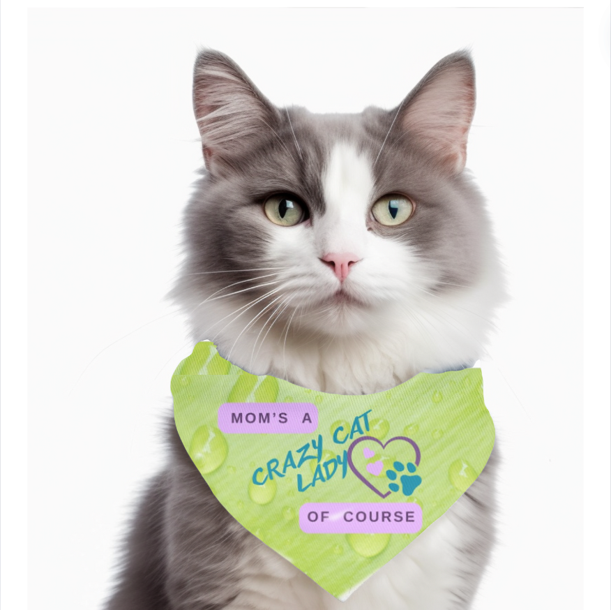 FurryFashionisata Bandana COLLAR -"Mom's A Crazy Cat Lady" Slogan, Cute Light Green Style, Easy-On Buckle